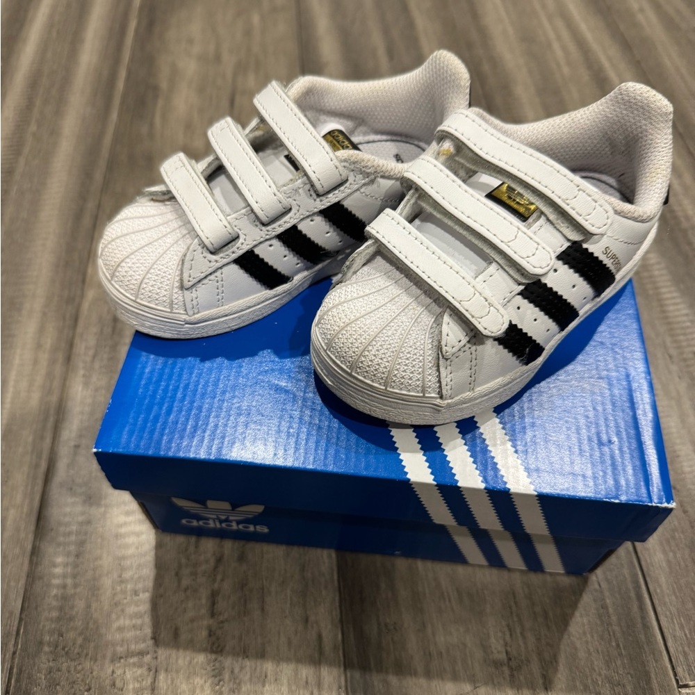 Adidas White and Black Superstar Sneakers with Velcro Straps